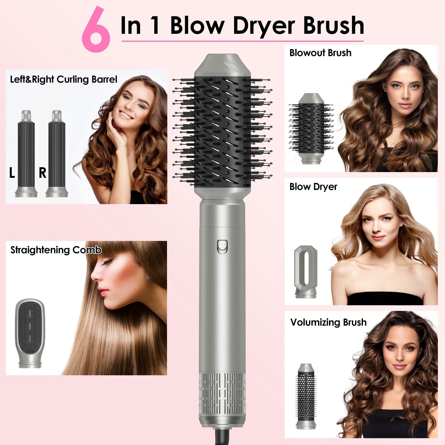 1Pc 6 In 1 Hot Air Styler Volumizer Straightener Curler Dryer Automatic Wrap Styler Hair Dryer Brush Set With 3 Temp Settings ALCI Plug Glove Cable Zip Tie