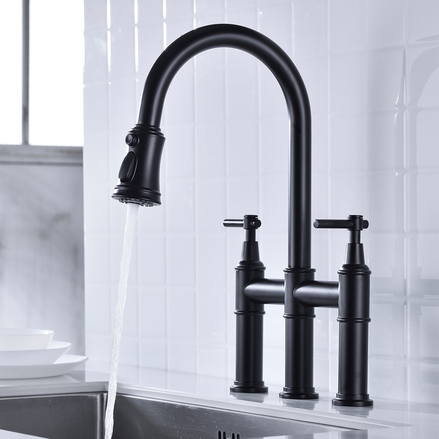 Pull Down Dual Handle Kitchen Faucet