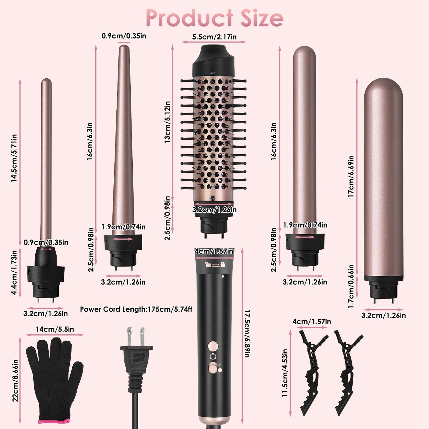 2 Type Options--1Pc 5 In 1 Curling Wand Hair Curling Iron Brush Anti-Tangle Hair Thermal Brush Curler With 4 Heating Levels 360 Degree Rotatable Cable 5 Interchangeable Barrels 2 Clips 1H Auto Off