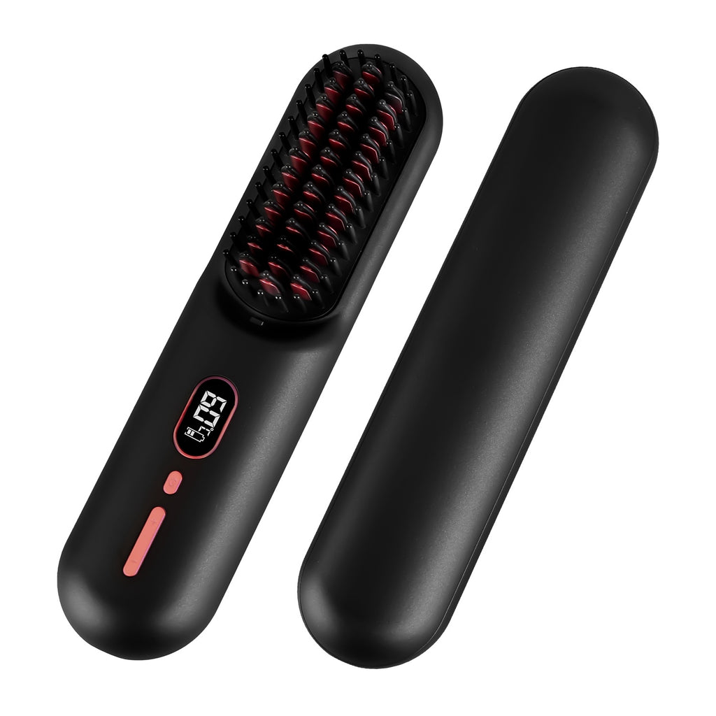 Grey-Black Options -- 1Pc Cordless Negative Ion Hair Straightener Brush Rechargeable Mini Styling Comb With 12 Heating Levels Anti-scald 30S Preheating 30Mins Auto Sleep LCD Display