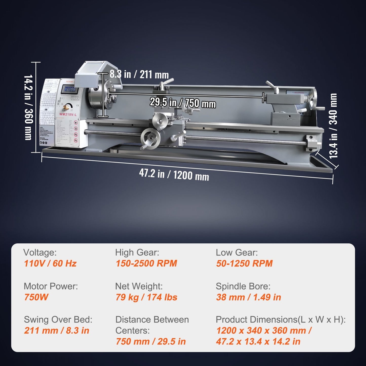 Metal Lathe Machine, 8.3'' X 29.5'', Precision Benchtop Power Metal Lathe, 0-2500 RPM Continuously Variable Speed, 750W Brushless Motor Metal Gears, With Tool Box For Processing Precision Parts