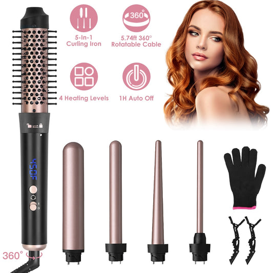 2 Type Options--1Pc 5 In 1 Curling Wand Hair Curling Iron Brush Anti-Tangle Hair Thermal Brush Curler With 4 Heating Levels 360 Degree Rotatable Cable 5 Interchangeable Barrels 2 Clips 1H Auto Off