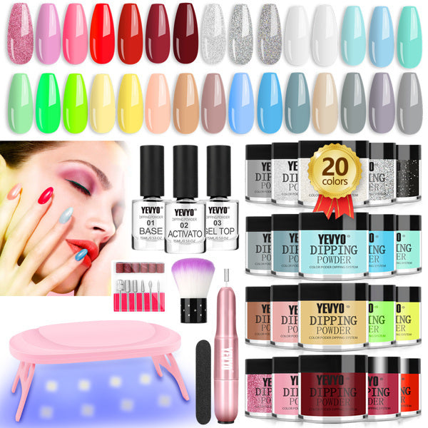 Acrylic Nail Kit Immersion Powder Nail Kit With Drill And UV, 20 Color Quick Dry Powder Nail Immersion Kit, With Base And Topcoat Activating Agent Immersion Nail Kit, Used For French Nail Repair DIY