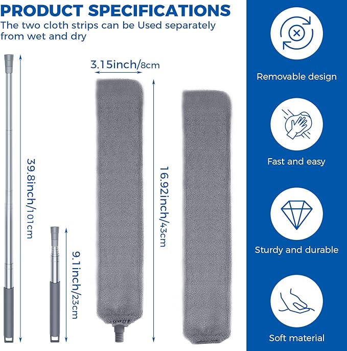 Retractable gap dust cleaner with microfiber cloth covers