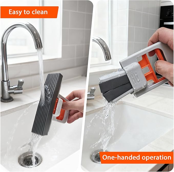 Self Squeezing Mini Mop, Orange Small Sponge Mop, Wet and Dry Use Cleaning System, Foldable Desktop Mop, One-Hand Squeeze Handle and Replaceable Head
