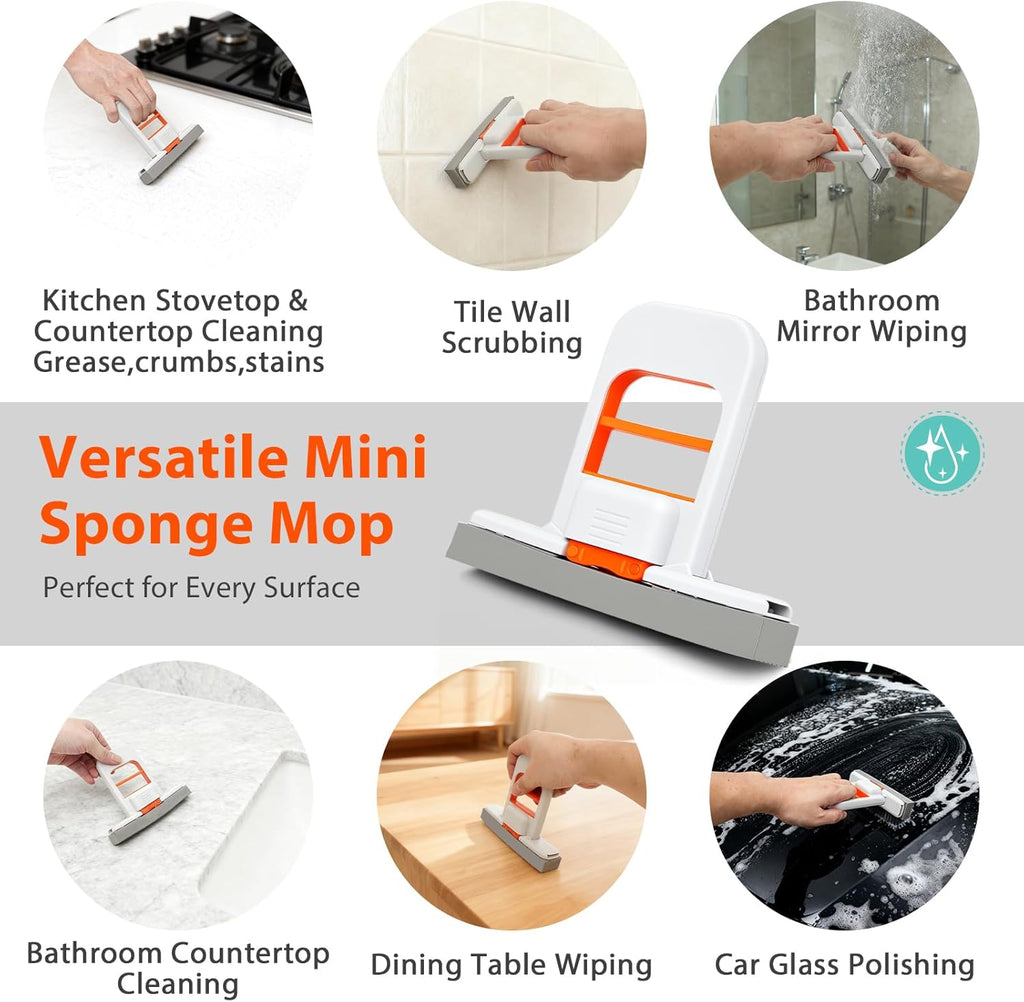 Self Squeezing Mini Mop, Orange Small Sponge Mop, Wet and Dry Use Cleaning System, Foldable Desktop Mop, One-Hand Squeeze Handle and Replaceable Head