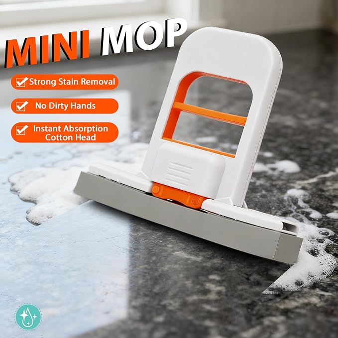 Self Squeezing Mini Mop, Orange Small Sponge Mop, Wet and Dry Use Cleaning System, Foldable Desktop Mop, One-Hand Squeeze Handle and Replaceable Head