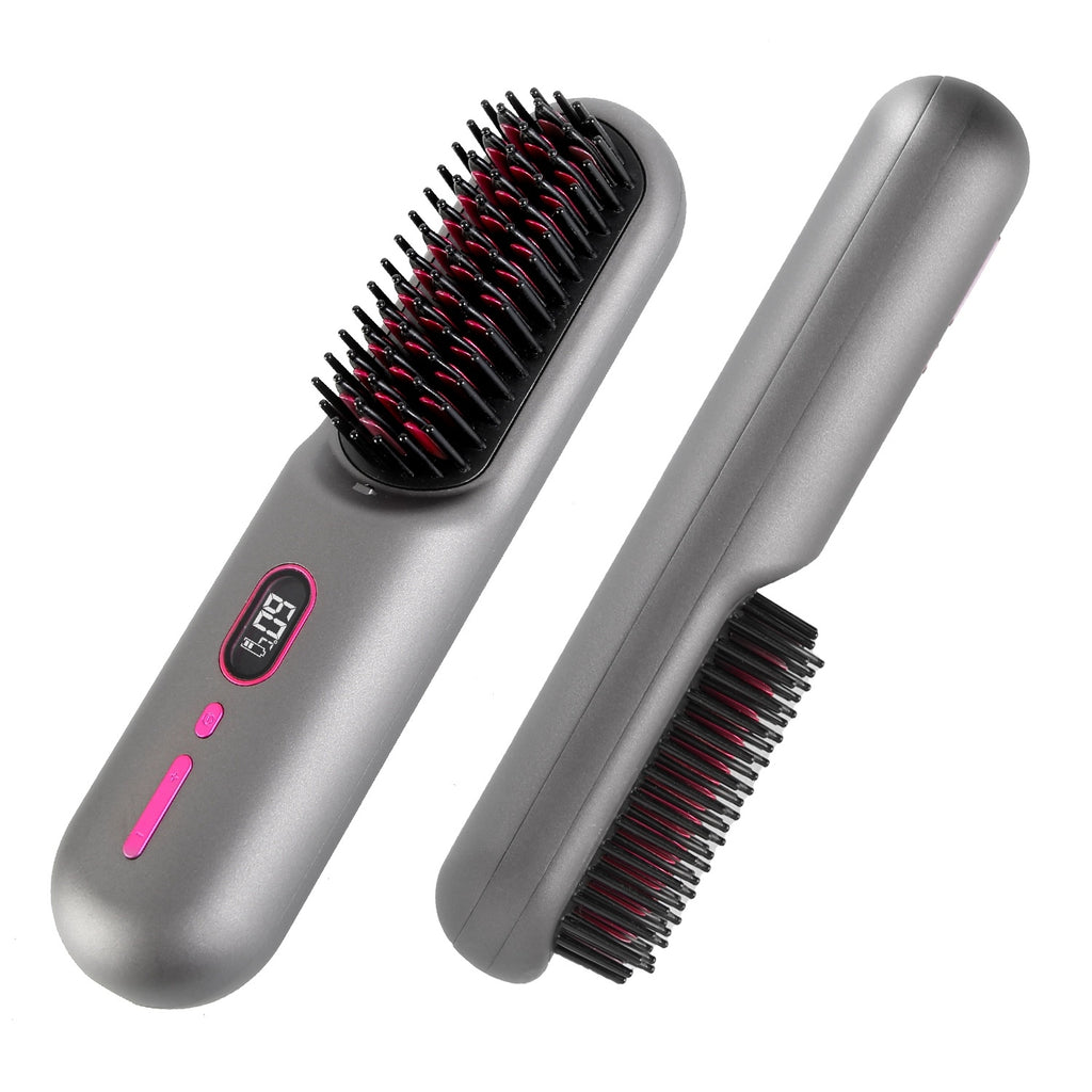 Grey-Black Options -- 1Pc Cordless Negative Ion Hair Straightener Brush Rechargeable Mini Styling Comb With 12 Heating Levels Anti-scald 30S Preheating 30Mins Auto Sleep LCD Display