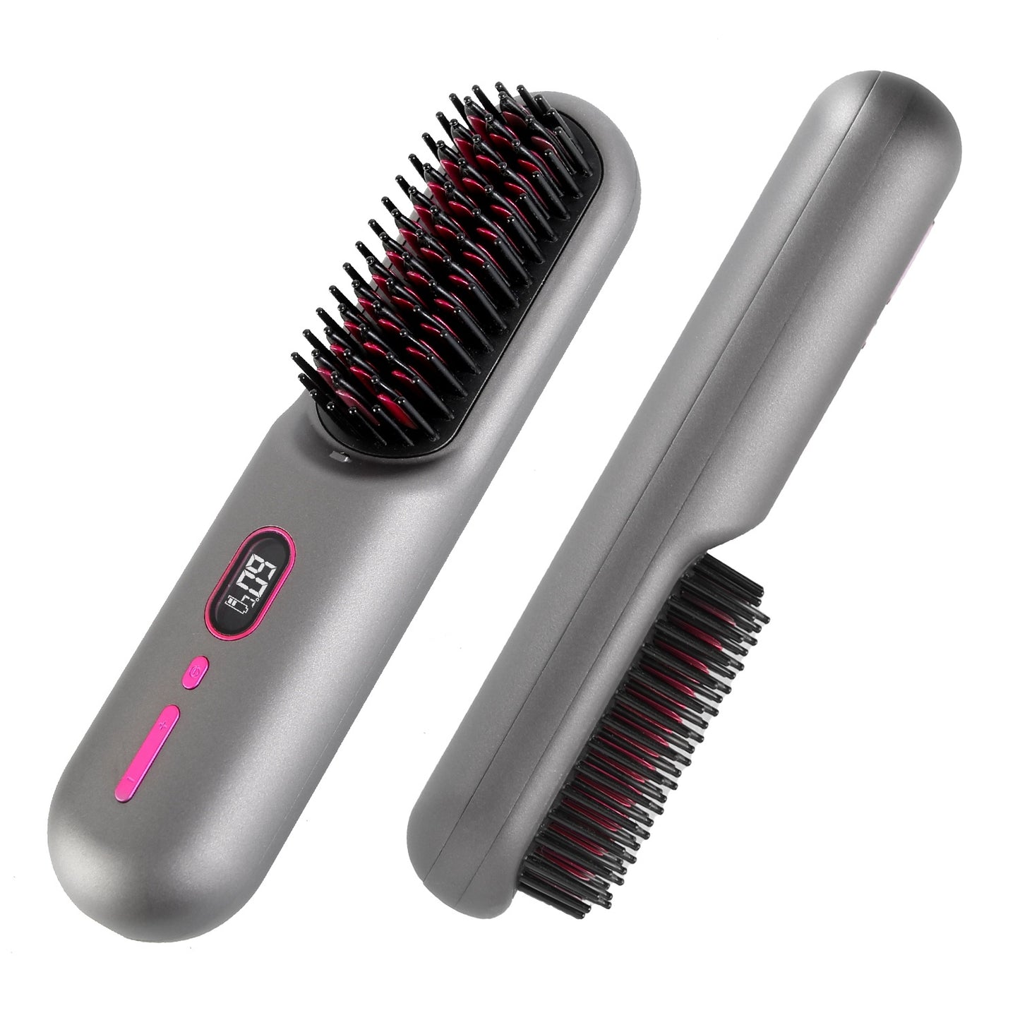 Grey-Black Options -- 1Pc Cordless Negative Ion Hair Straightener Brush Rechargeable Mini Styling Comb With 12 Heating Levels Anti-scald 30S Preheating 30Mins Auto Sleep LCD Display