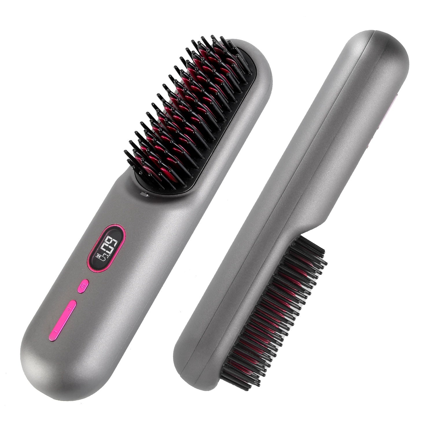 Grey-Black Options -- 1Pc Cordless Negative Ion Hair Straightener Brush Rechargeable Mini Styling Comb With 12 Heating Levels Anti-scald 30S Preheating 30Mins Auto Sleep LCD Display