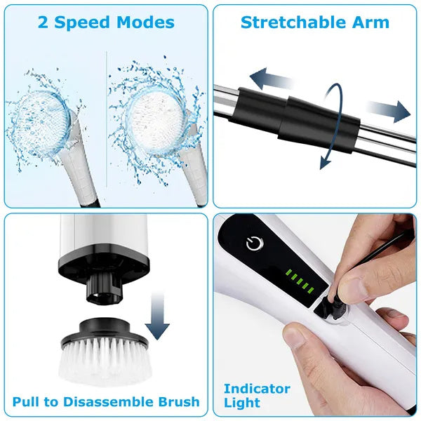 Electric Spin Scrubber Cordless Cleaning Brush Extendable With 8 Replaceable Heads 2 Speed Adjustable Extension Arm Bathroom Tub Tile Floor