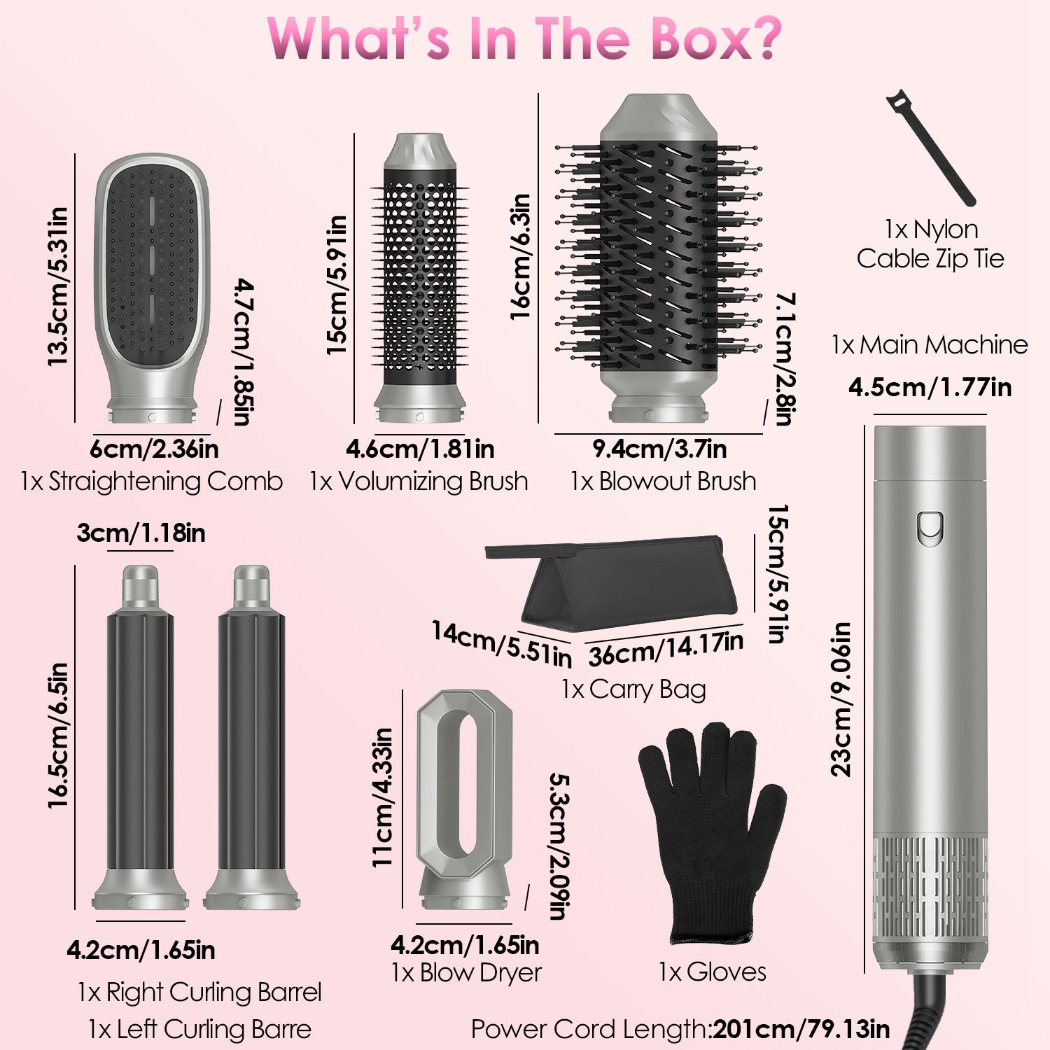 1Pc 6 In 1 Hot Air Styler Volumizer Straightener Curler Dryer Automatic Wrap Styler Hair Dryer Brush Set With 3 Temp Settings ALCI Plug Glove Cable Zip Tie