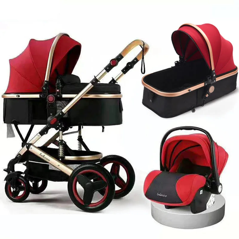 Multifunctional Baby Stroller 3 in 1 High-View Stroller Can Sit and Lie Two-Way Newborn Baby Stroller with Basket