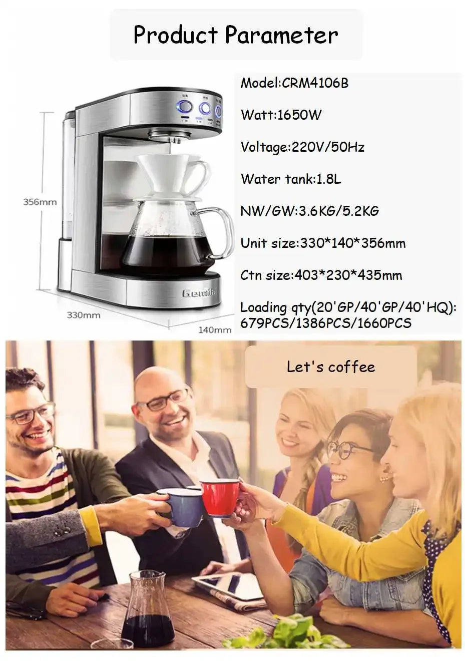 New CRM4106 Drip Coffee Machine - Stainless Steel, One-Click Operation, Classic Design with Filter Cup and Glass