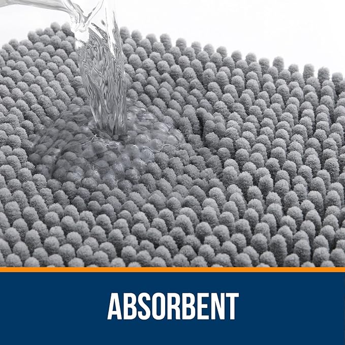 Grey chenille bathroom rug with rubber backing