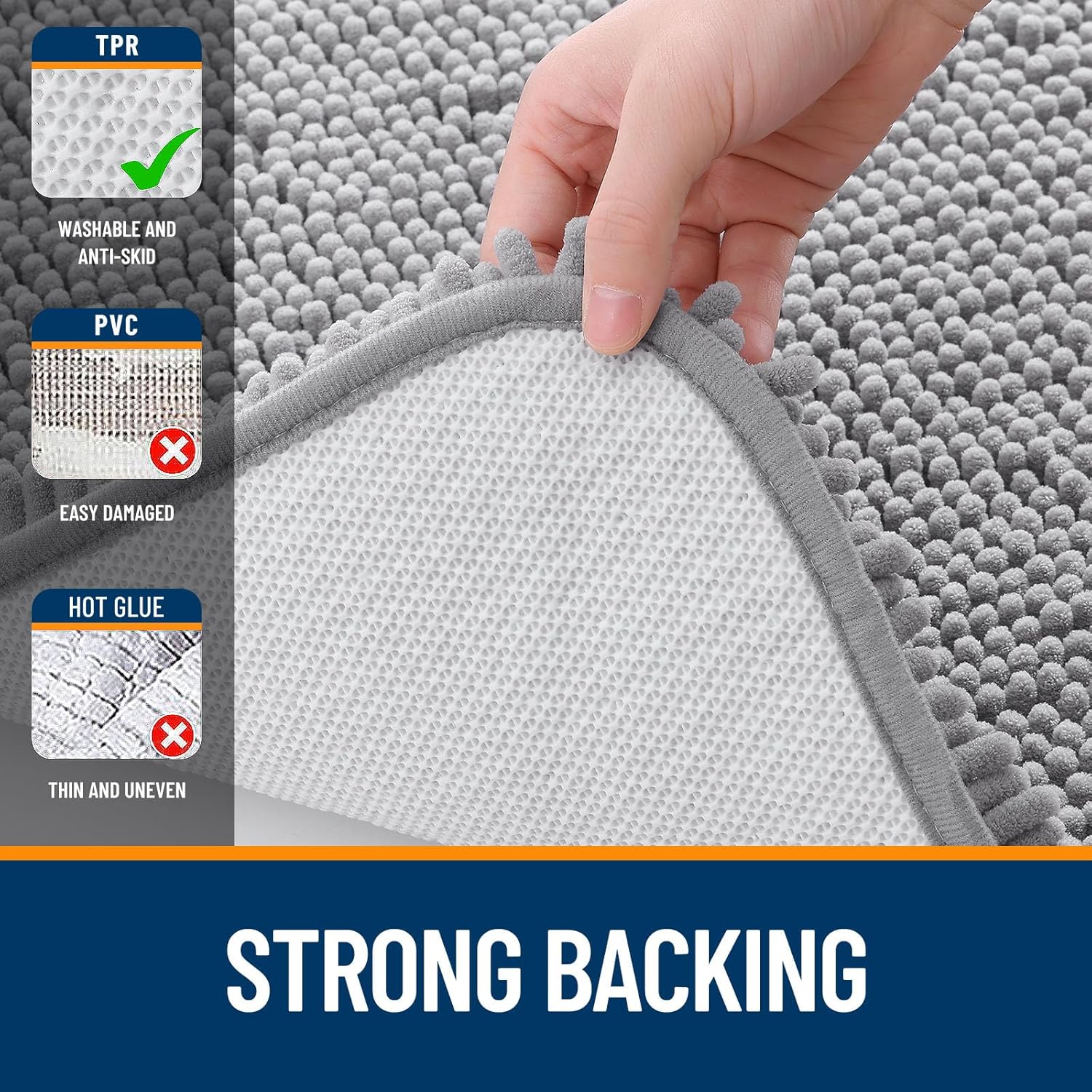 Grey chenille bathroom rug with rubber backing