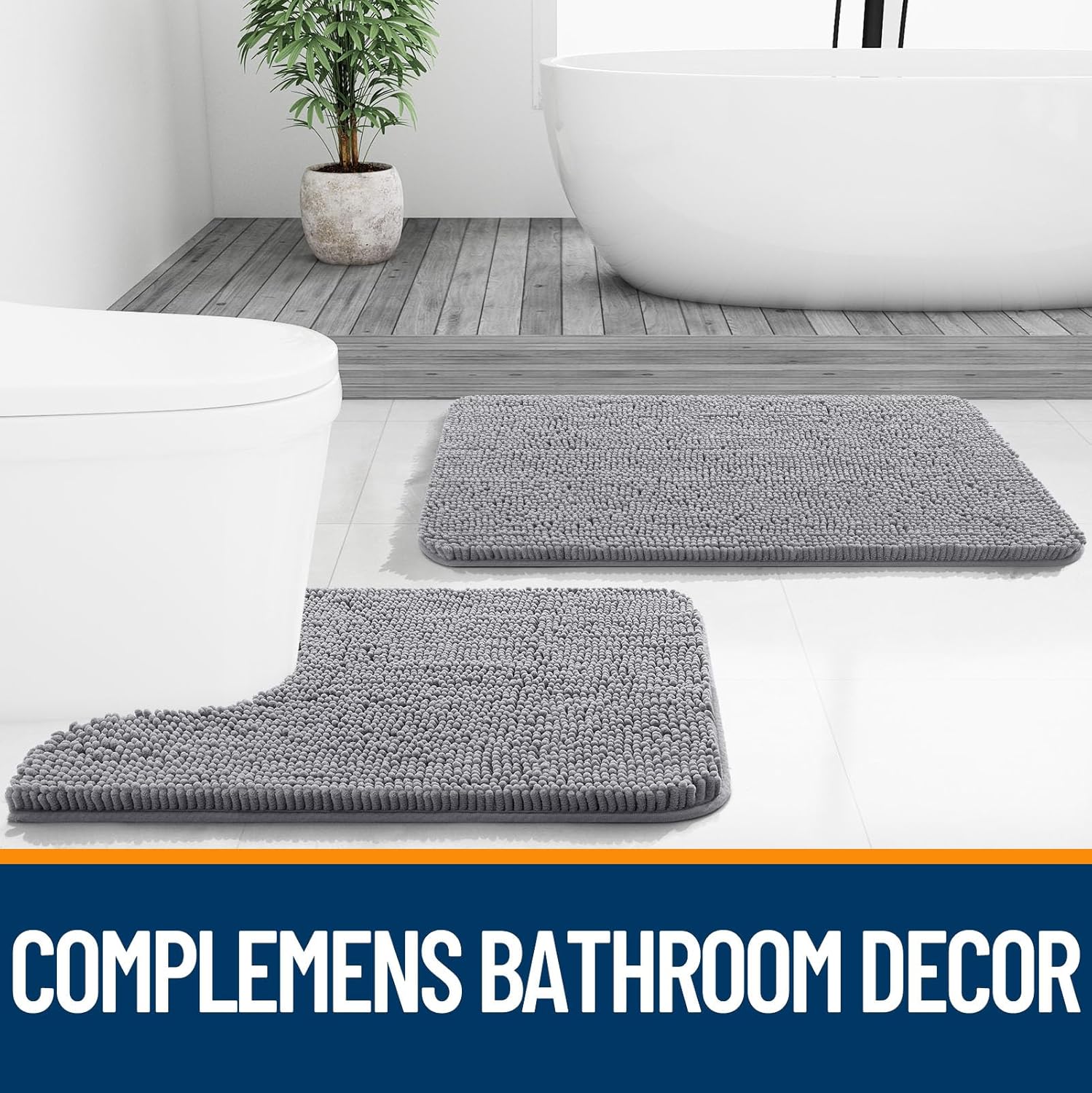 Grey chenille bathroom rug with rubber backing