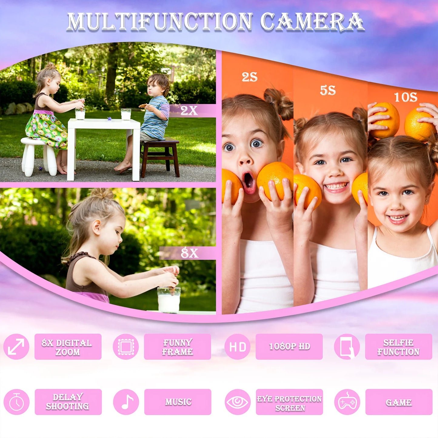 Kids Mini Camera Cartoon Unicorn Toys for Girls Boys Birthday Gifts 1080P HD 2Inch Screen with 32G SD Card Record Life Camera