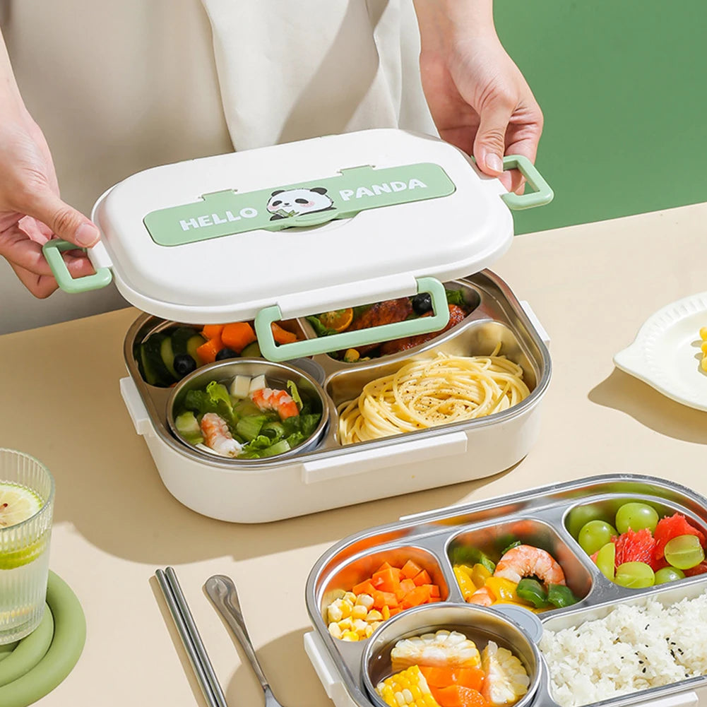 Stainless Steel Thermal Lunch Box with Cutlery Set 2/4/5 Grids Heat Preservation Bento Box Panda for Children School Picnic