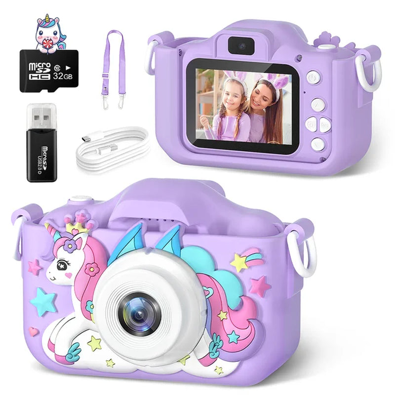 Kids Mini Camera Cartoon Unicorn Toys for Girls Boys Birthday Gifts 1080P HD 2Inch Screen with 32G SD Card Record Life Camera