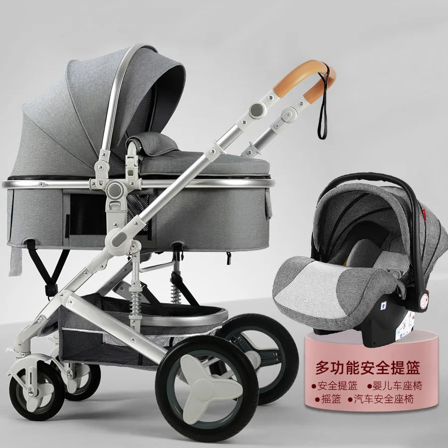 Multifunctional Baby Stroller 3 in 1 High-View Stroller Can Sit and Lie Two-Way Newborn Baby Stroller with Basket