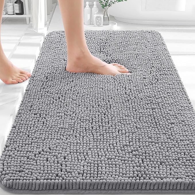 Grey chenille bathroom rug with rubber backing