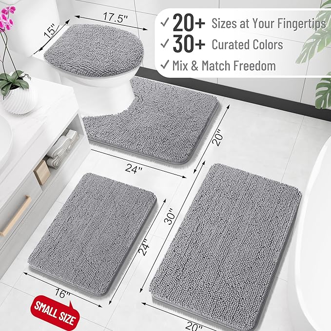 Grey chenille bathroom rug with rubber backing