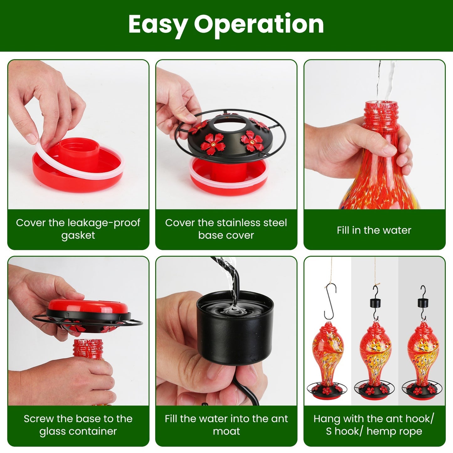 1Pc Glass Hummingbird Feeder 33OZ Hand Blown Hummingbird Feeder With 5 Flower Feeding Port Perch Ant Moat Hanging Hook S Hook Hemp Rope Cleaning Brush For Garden Decor