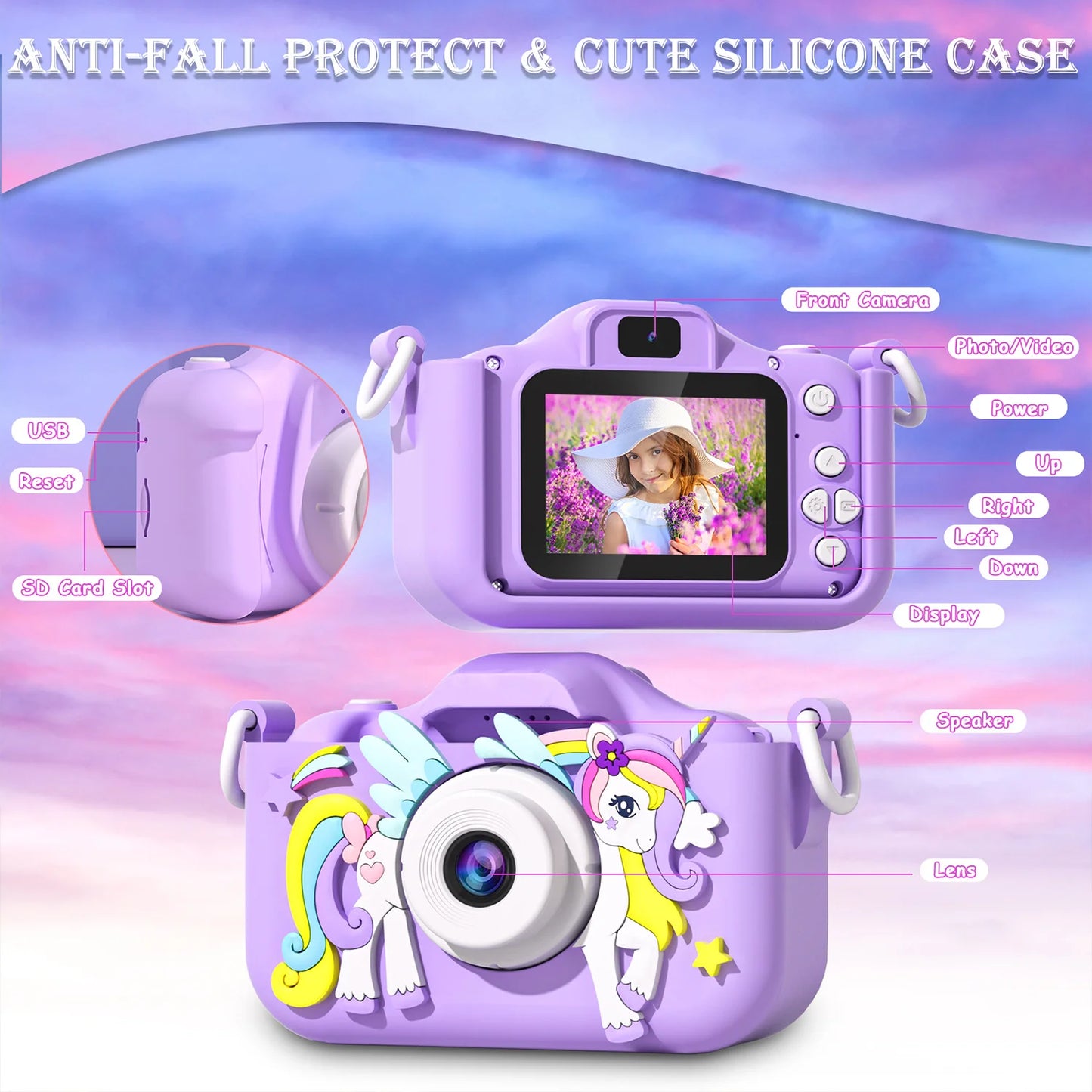 Kids Mini Camera Cartoon Unicorn Toys for Girls Boys Birthday Gifts 1080P HD 2Inch Screen with 32G SD Card Record Life Camera