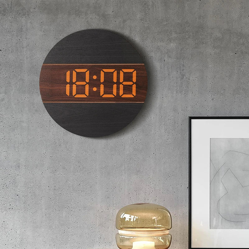 Large Screen Digital Clock Wooden Color 12/24H Household Wall Mounted Clock for Living Room with Automatic Brightness Adjustment