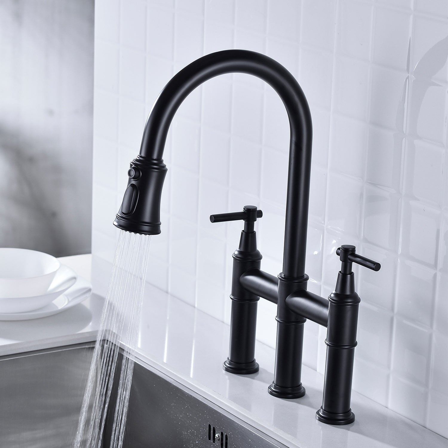 Pull Down Dual Handle Kitchen Faucet