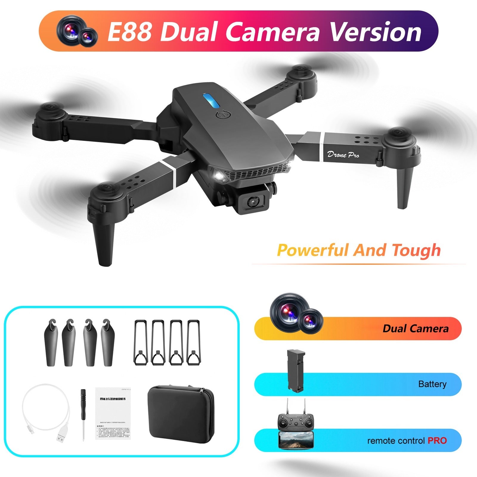 The E88 Dual-camera Drone With Two Batteries Has The Function Of Altitude Hold Mode. It Is Equipped With Dual Lenses And Can Fly Stably.