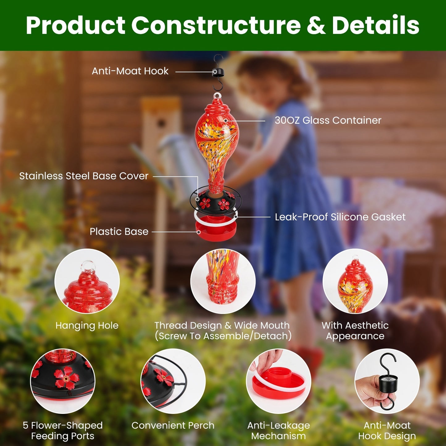 1Pc Glass Hummingbird Feeder 33OZ Hand Blown Hummingbird Feeder With 5 Flower Feeding Port Perch Ant Moat Hanging Hook S Hook Hemp Rope Cleaning Brush For Garden Decor