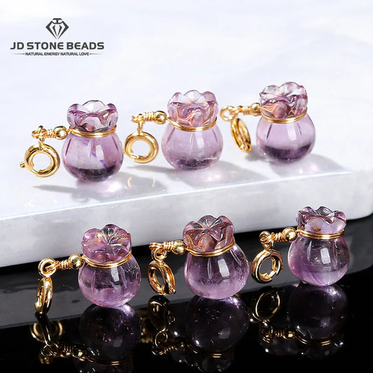 1 Pc Natural Amethyst Lucky Bag Copper Buckle Pendant Reiki Healing Charms For Jewelry Making Diy Necklace Bracelet Accessory