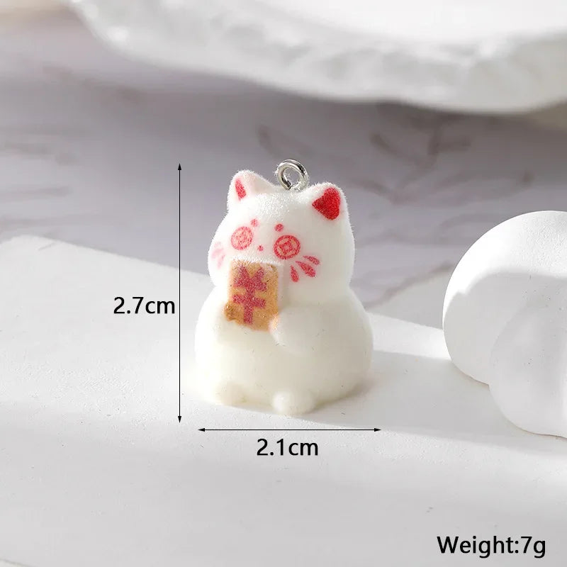 20Pcs 3D Cute Flocked Lucky Cat Charms Cartoon Animal Cat Resin Pendant For Phone Bag Keychain Necklace Earring DlY Jewelry Make