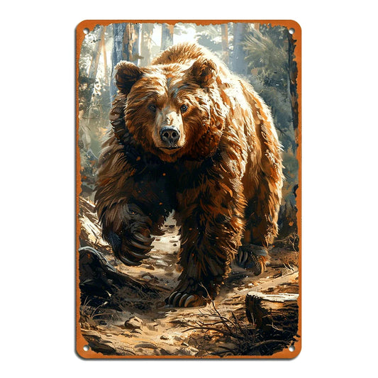 Vintage Brown Bear Forest Tin Painting 8x12 Inch Vintage Wall Art Suitable for Home and Bar Decor Durable Iron Construction