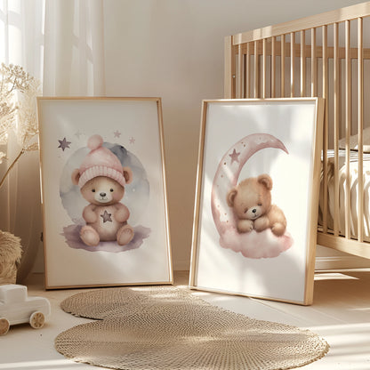 3pcs Custom Kids Personalized Name Pink Sleeping Bear Baby Gift Girls Wall Art Print Picture Living Room Kids Room Home Decor