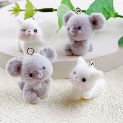 20Pcs 3D Cute Flocking Koala Charms Cartoon Animal Cat Plush Resin Pendant Phone Keychain Necklace Earrings Bag DlY Jewelry Make