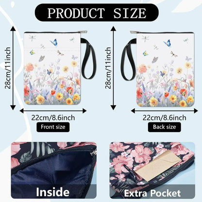 Flowers Book Sleeve with Zipper Book LoversButterfly Gifts Hardcover Paperbacks Waterproof Book Pouch Bag Protector Making Kit