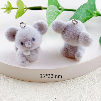 20Pcs 3D Cute Flocking Koala Charms Cartoon Animal Cat Plush Resin Pendant Phone Keychain Necklace Earrings Bag DlY Jewelry Make