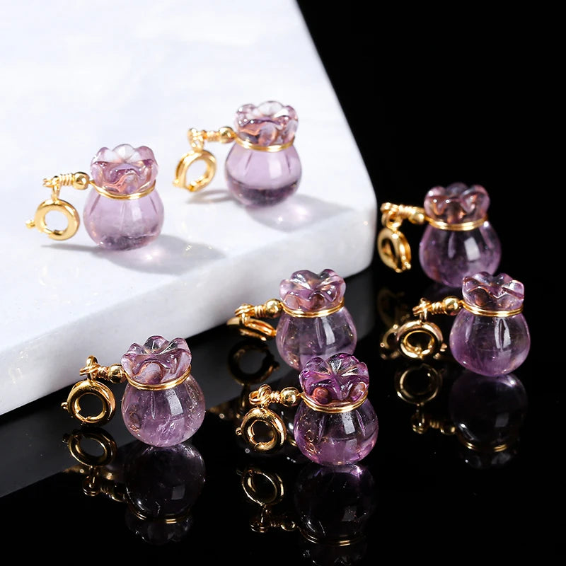 1 Pc Natural Amethyst Lucky Bag Copper Buckle Pendant Reiki Healing Charms For Jewelry Making Diy Necklace Bracelet Accessory