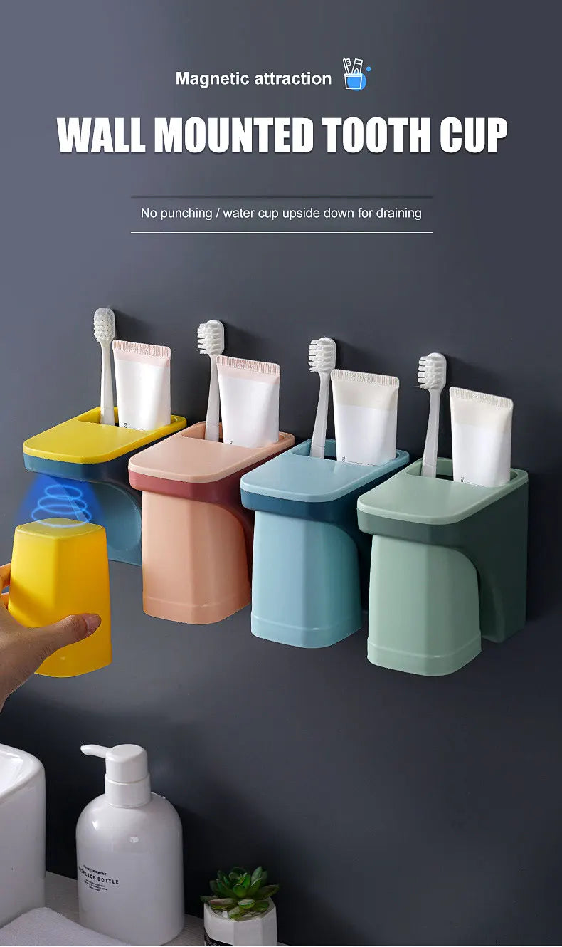 Wall Mount Magnetic Bathroom Gargle Toothbrush Cup Holder Anti-dust Draining Mug Bathroom Cup Lover Family Set toothbrushing cup