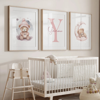 3pcs Custom Kids Personalized Name Pink Sleeping Bear Baby Gift Girls Wall Art Print Picture Living Room Kids Room Home Decor