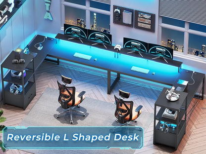 L-Shaped Gaming Desk with Storage, Power Outlets, and LED Lights