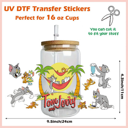 Miniso Tom and Jerry Easy peel waterproof DIY Decals 3D transfers uvdtf crystal stickers 16oz uv dtf tumbler cup wraps sticker