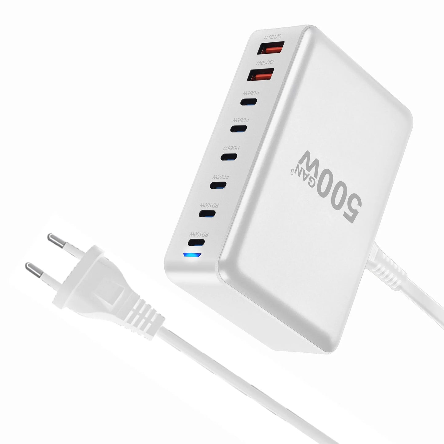 500W GaN Desktop Charger 8-Port USB PD Charger Quick Charge 3.0 USB Type C Fast Charger Mobile USB Charger for iPhone 16 MacBook