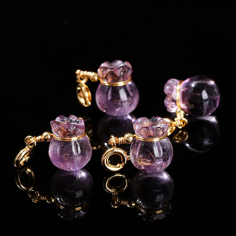 1 Pc Natural Amethyst Lucky Bag Copper Buckle Pendant Reiki Healing Charms For Jewelry Making Diy Necklace Bracelet Accessory