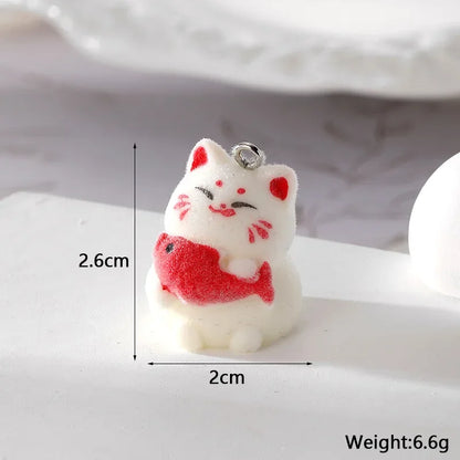 20Pcs 3D Cute Flocked Lucky Cat Charms Cartoon Animal Cat Resin Pendant For Phone Bag Keychain Necklace Earring DlY Jewelry Make