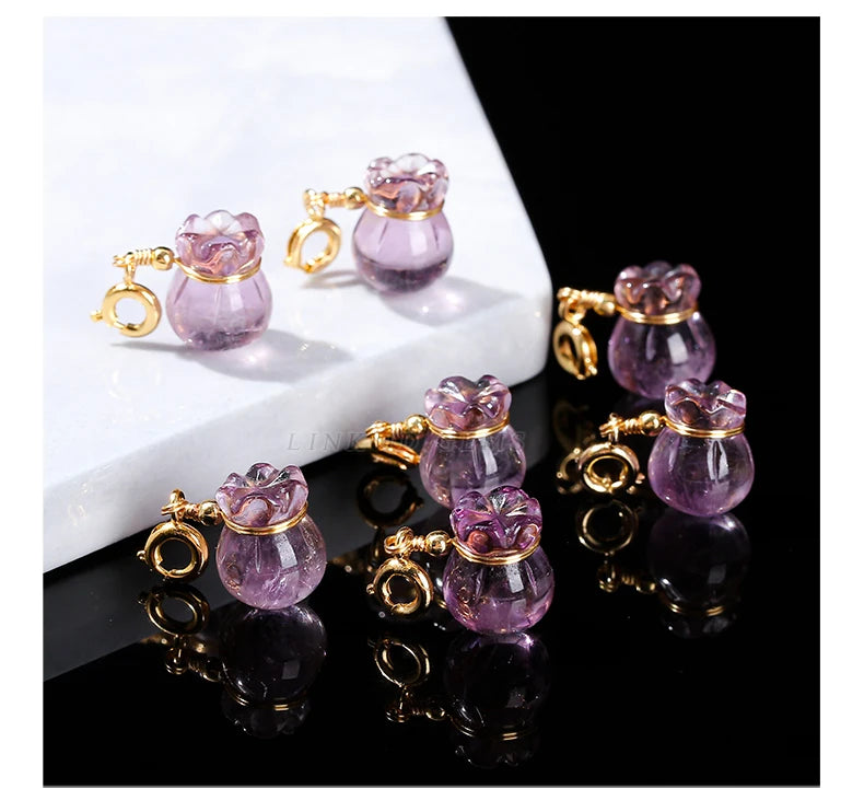 1 Pc Natural Amethyst Lucky Bag Copper Buckle Pendant Reiki Healing Charms For Jewelry Making Diy Necklace Bracelet Accessory