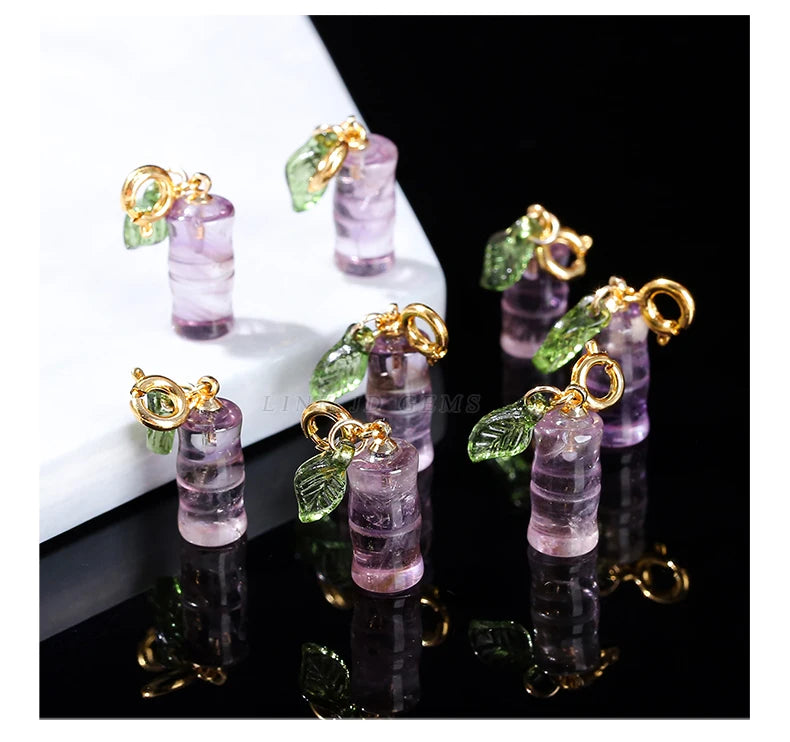 1 Pc Natural Amethyst Carved Bamboo Shape Copper Buckle Pendant Lucky Charms For Jewelry Making Diy Necklace Bracelet Accessory